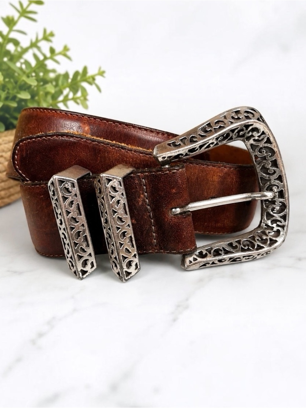 Vintage Brighton Sundance Brown Leather Belt Ornate Filigree Buckle USA Small